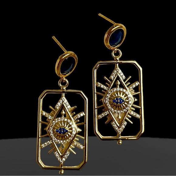 Abigail Creations Gold Plated CZ Rectangle Evil Eye 🧿 Drop Earrings - Picture 6 of 7